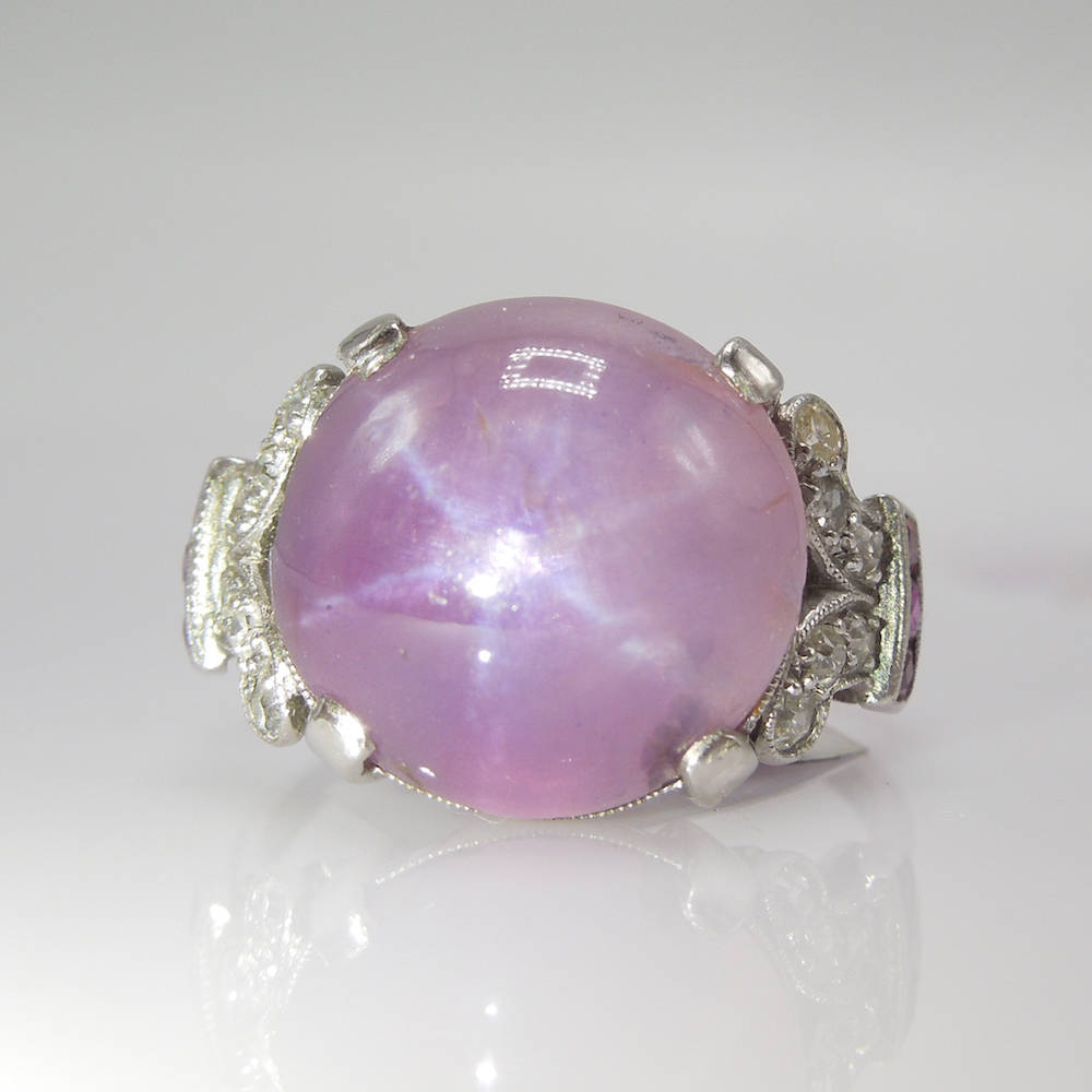 Art Deco Pink Star Sapphire, Ruby, and Diamond Ring