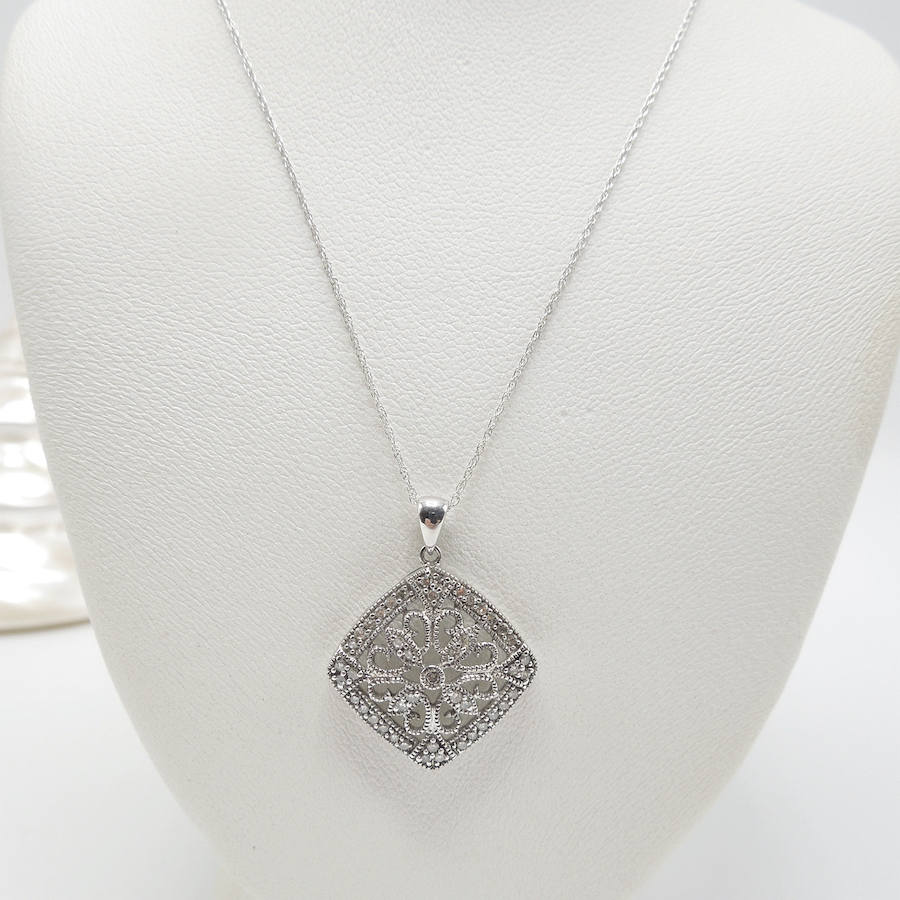 White Gold and Diamond Art Deco Style Filigree Necklace