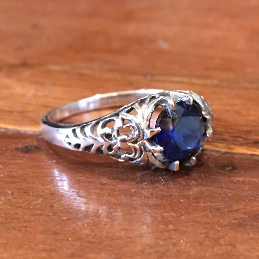 Edwardian Style - Filigree Sterling Silver Ring with Blue Sapphire