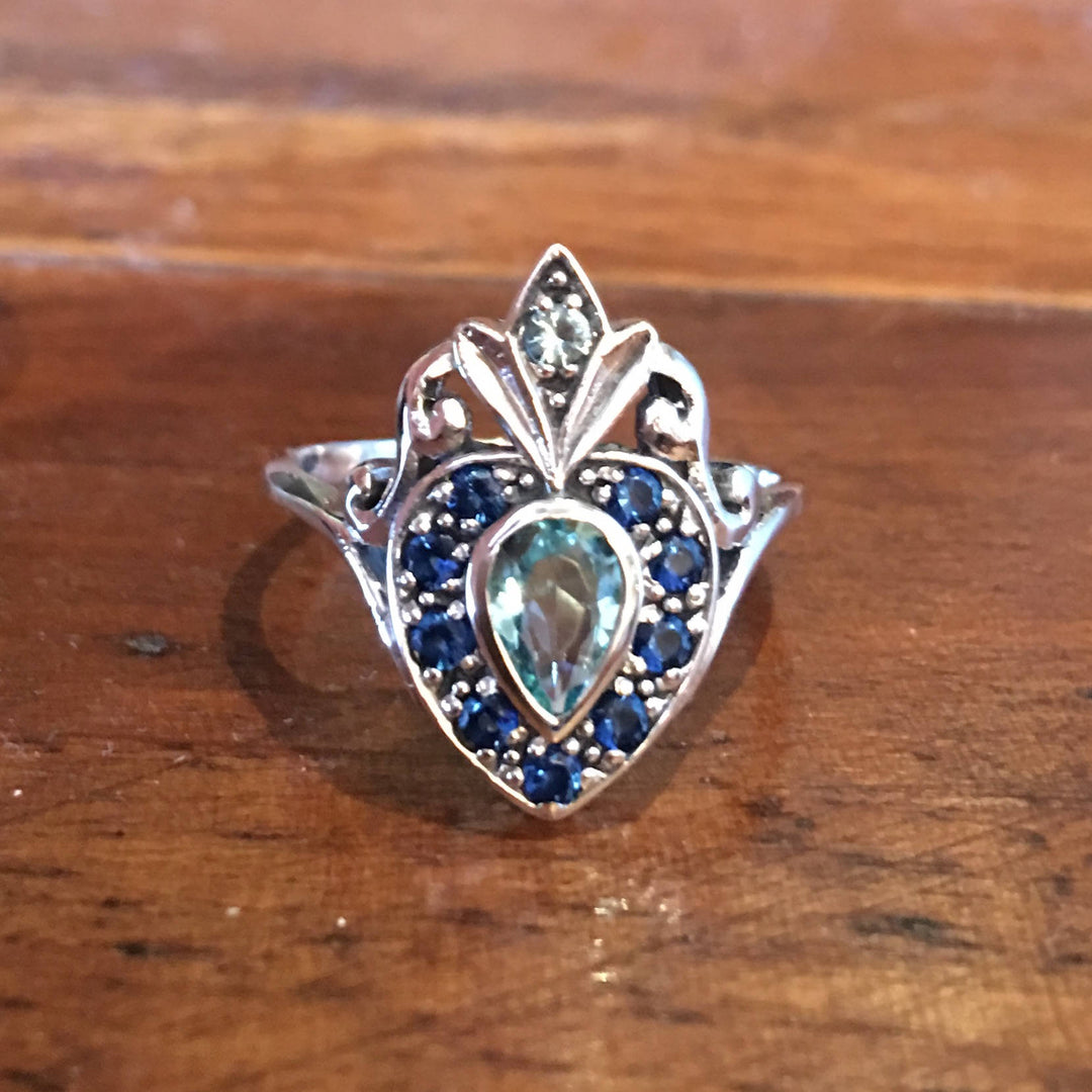 Victorian Style Aquamarine w/ Sapphire Sterling Silver Bypass Ring