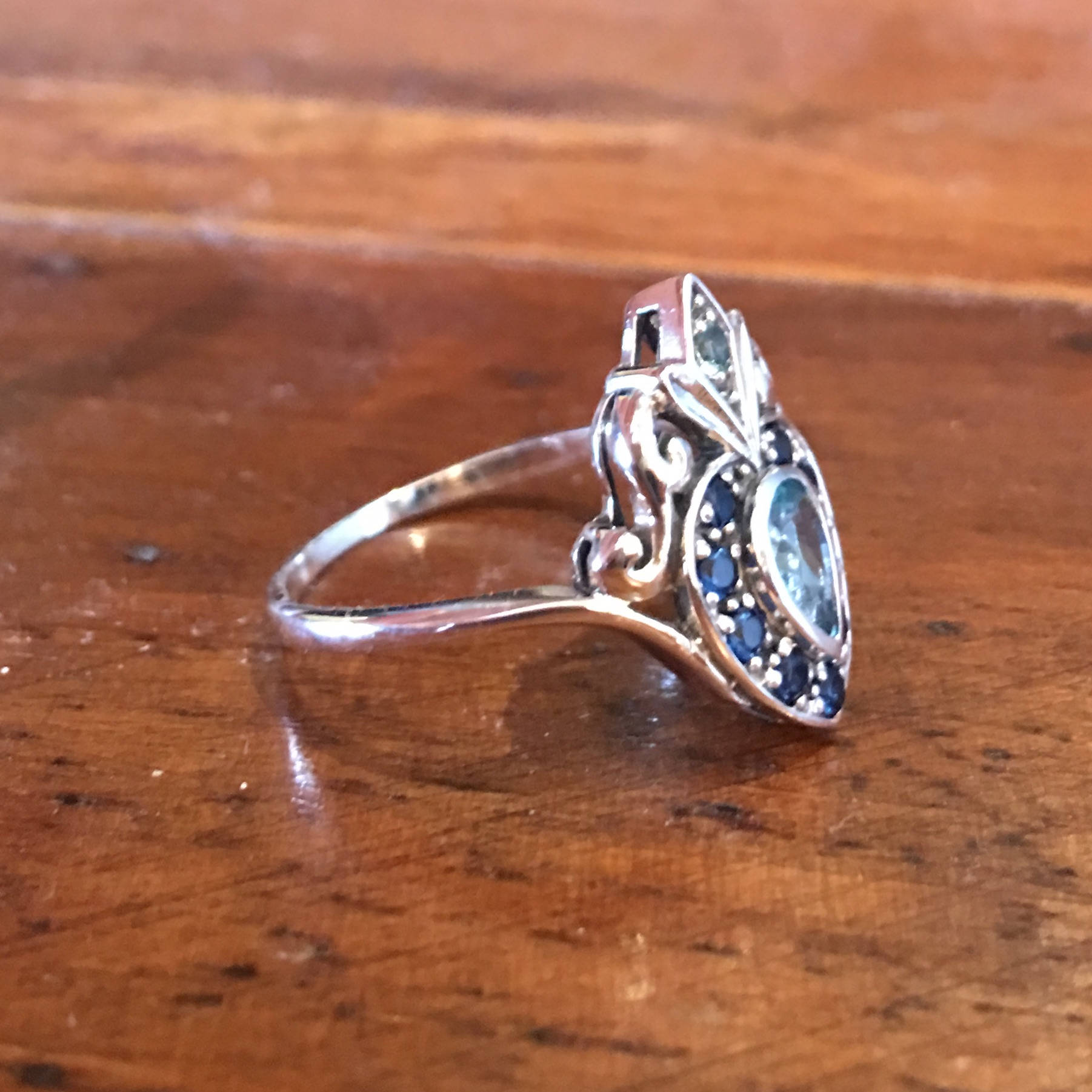 Victorian Style Aquamarine w/ Sapphire Sterling Silver Bypass Ring