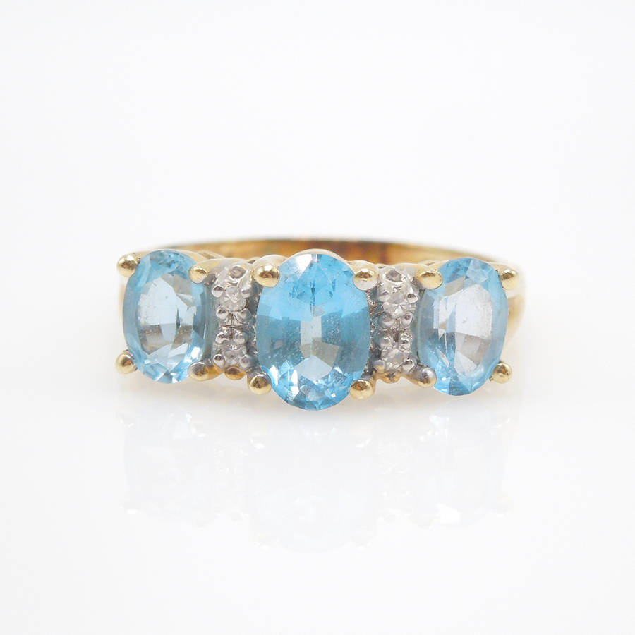 14K Yellow Gold Blue Topaz Three Stone Ring with Diamonds
