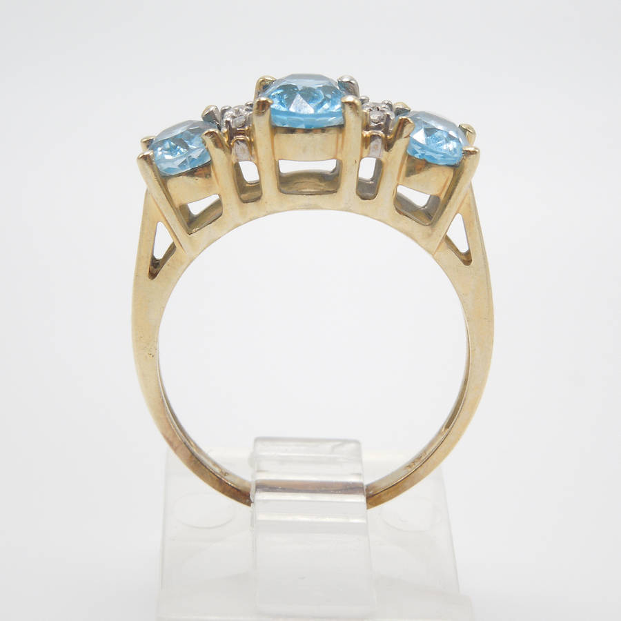 14K Yellow Gold Blue Topaz Three Stone Ring with Diamonds