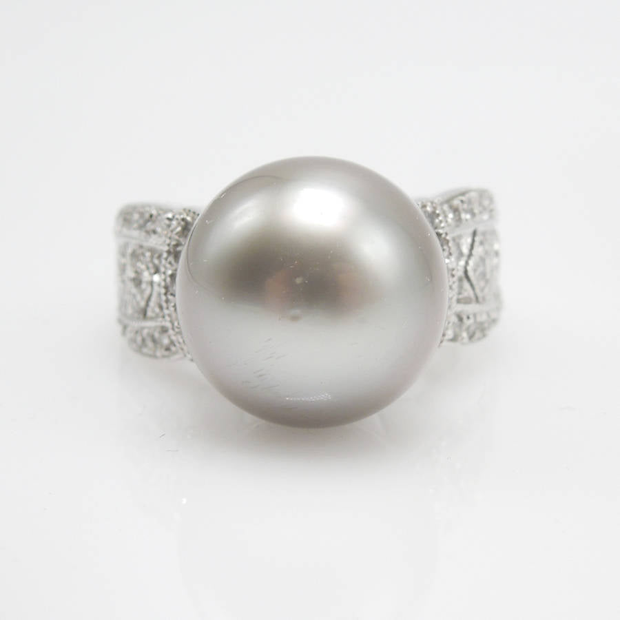 Large South Sea Pearl Ring With Diamonds in White Gold