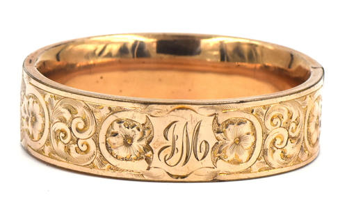 Wide Victorian Era Gold Fill Bangle Bracelet - Engraved