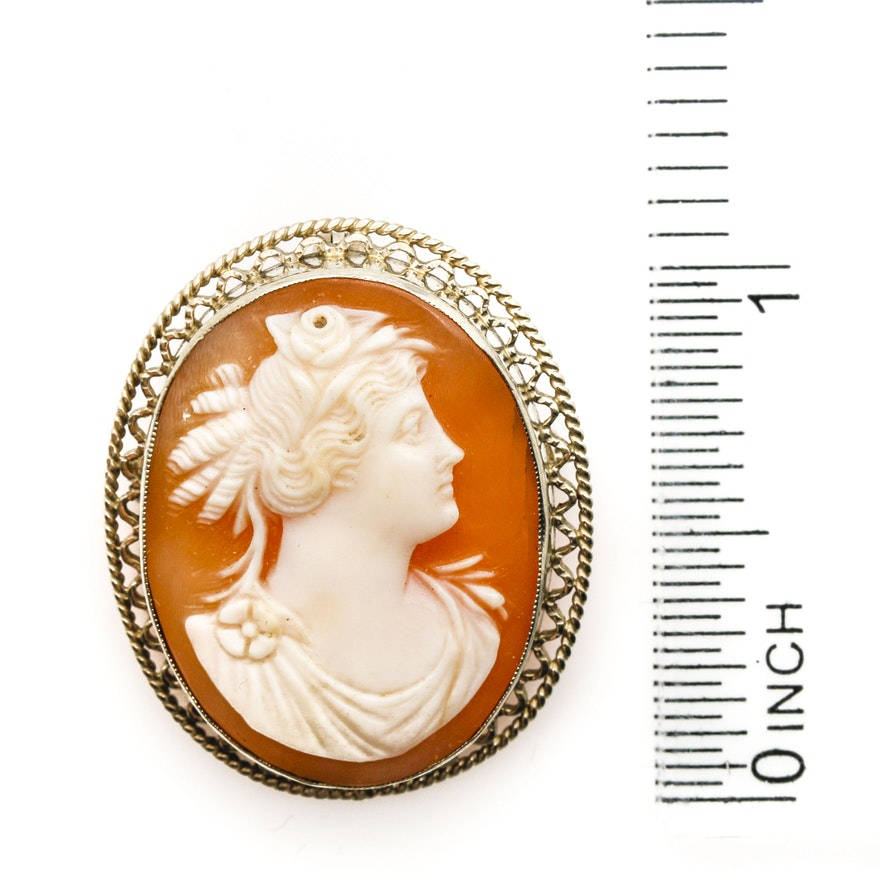 Art Deco White Gold Shell Cameo Brooch / Pin / Pendant