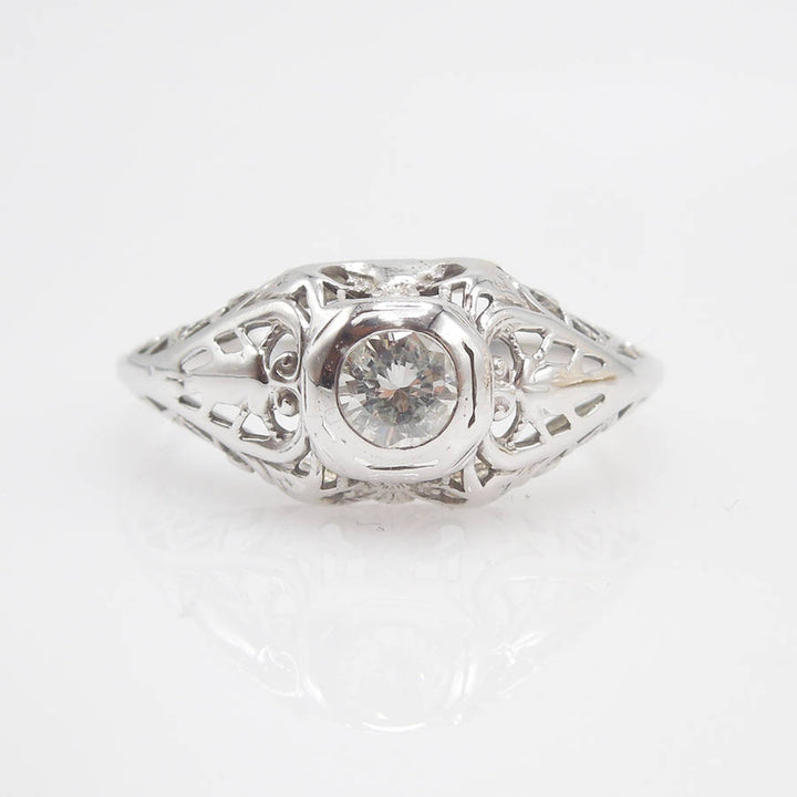 14K White Gold Art Deco Filigree Diamond Engagement Ring