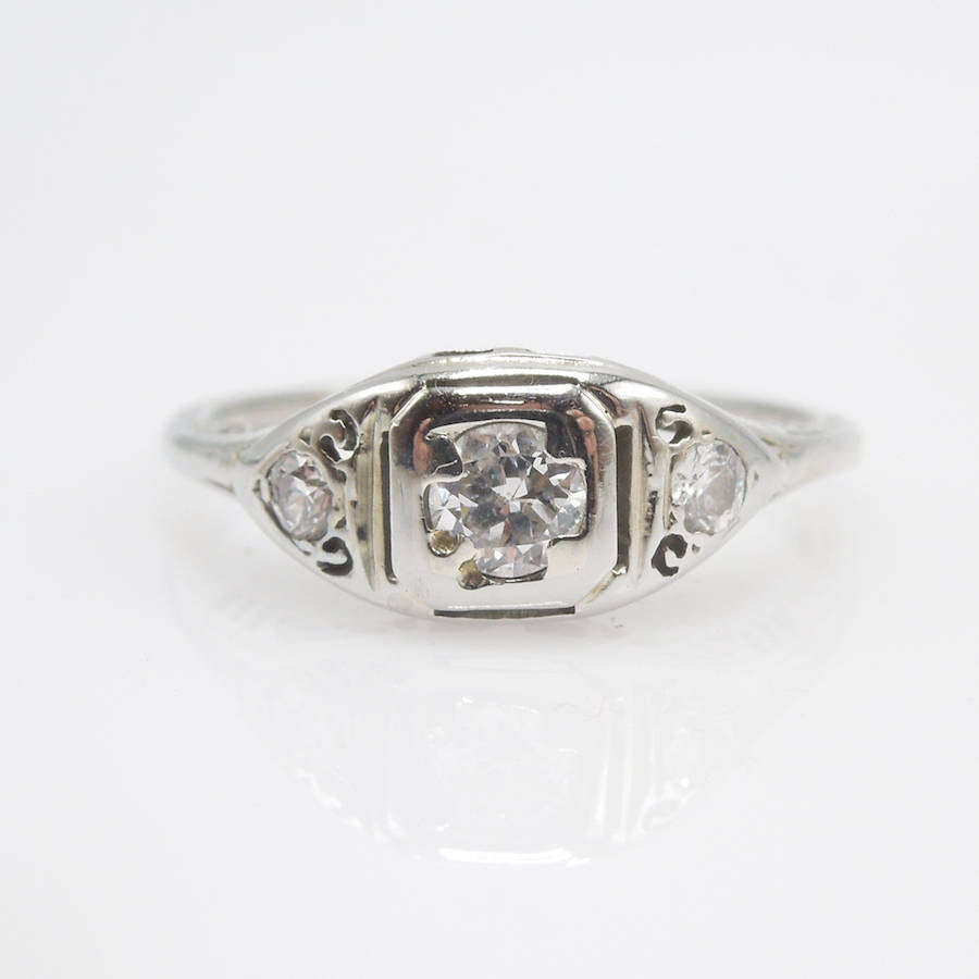 14K White Gold Art Deco Diamond Engagement Ring
