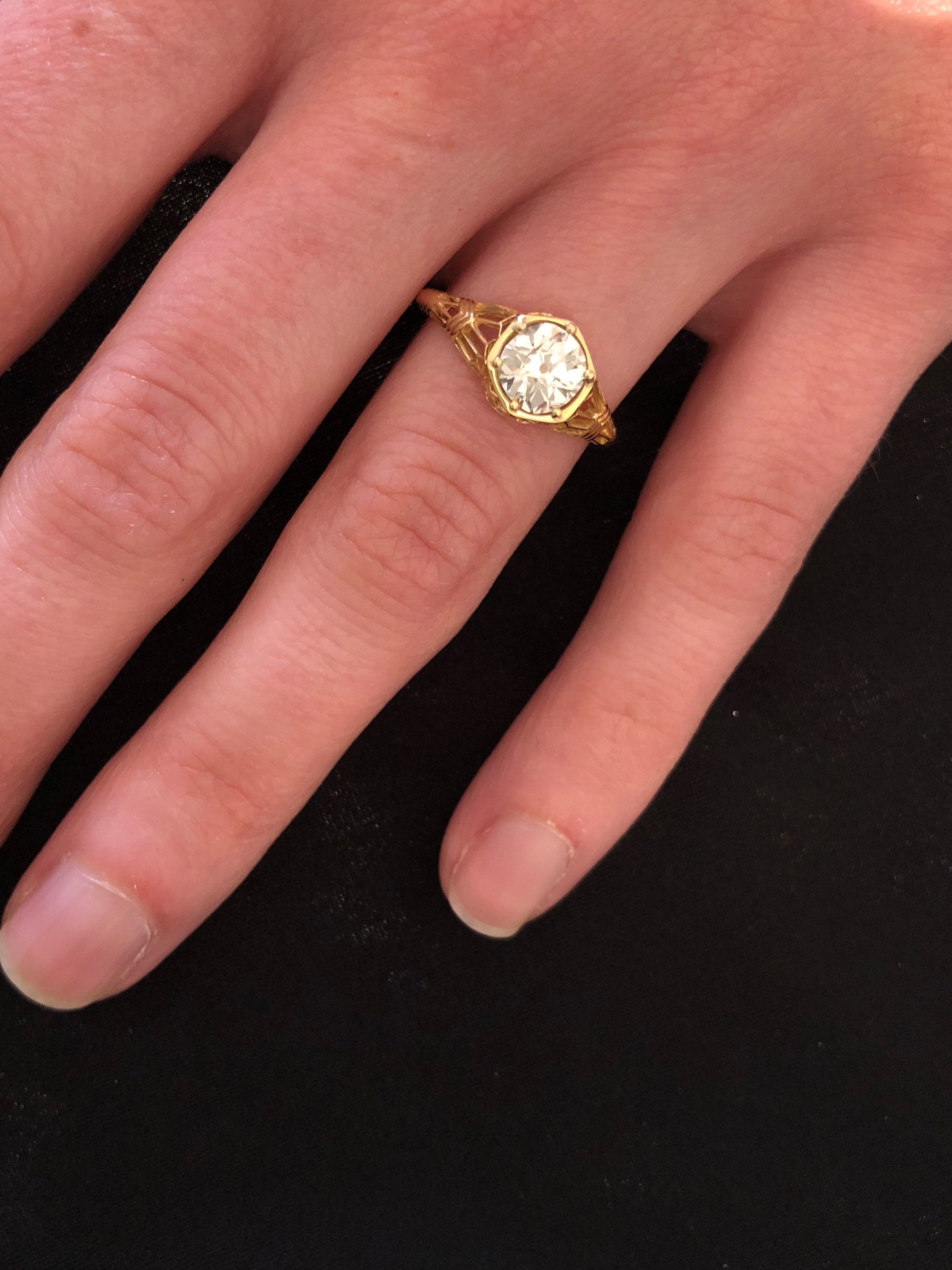 Edwardian Style 18K Yellow Gold Filigree 0.90ct Diamond Engagement Ring