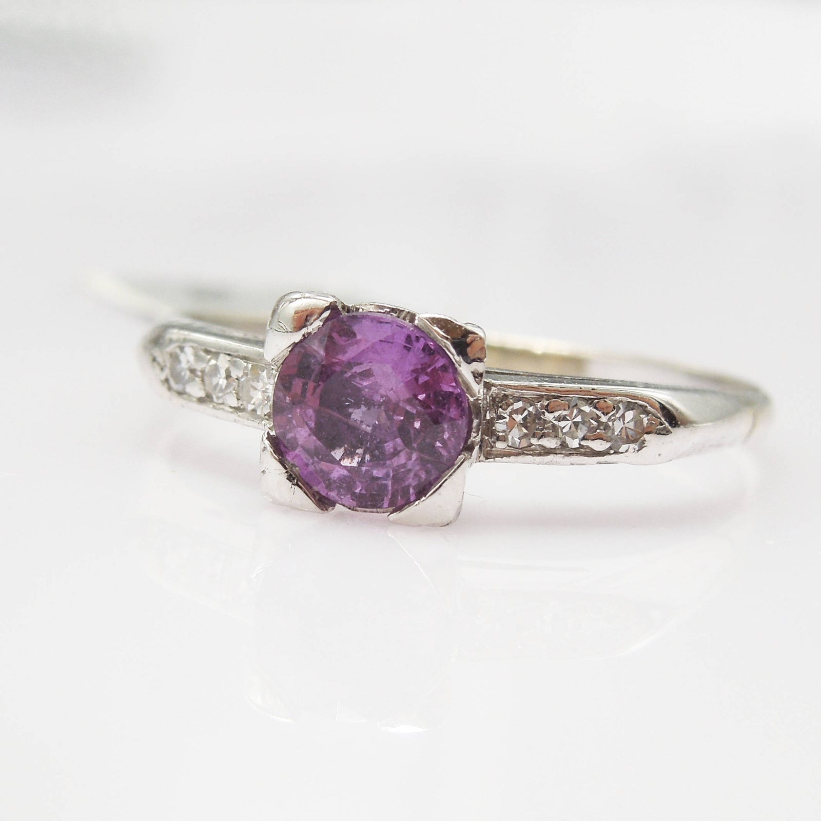 Purplish Pink Sapphire in Platinum Mounting with Diamonds