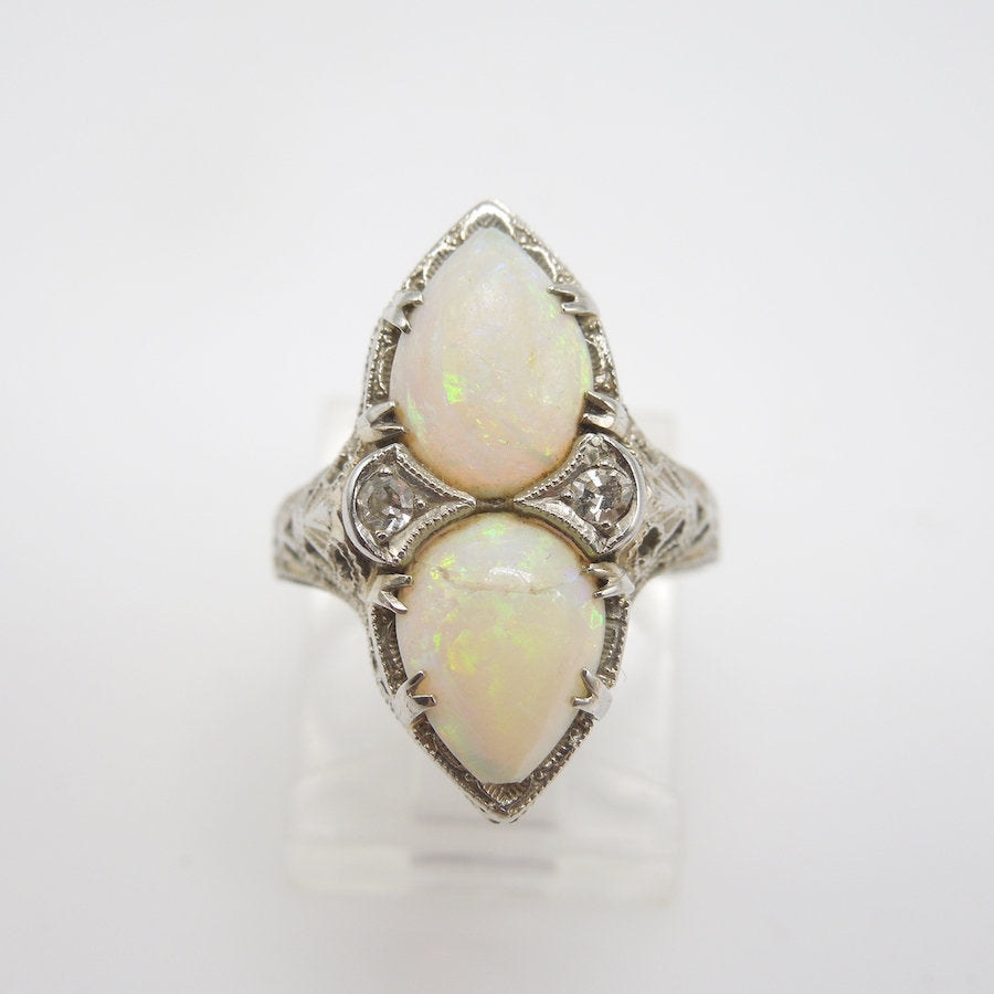14K White Gold Ring with Pear Shaped Opals and Diamond Accents