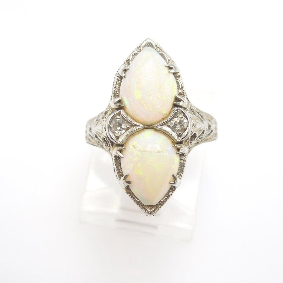 14K White Gold Ring with Pear Shaped Opals and Diamond Accents