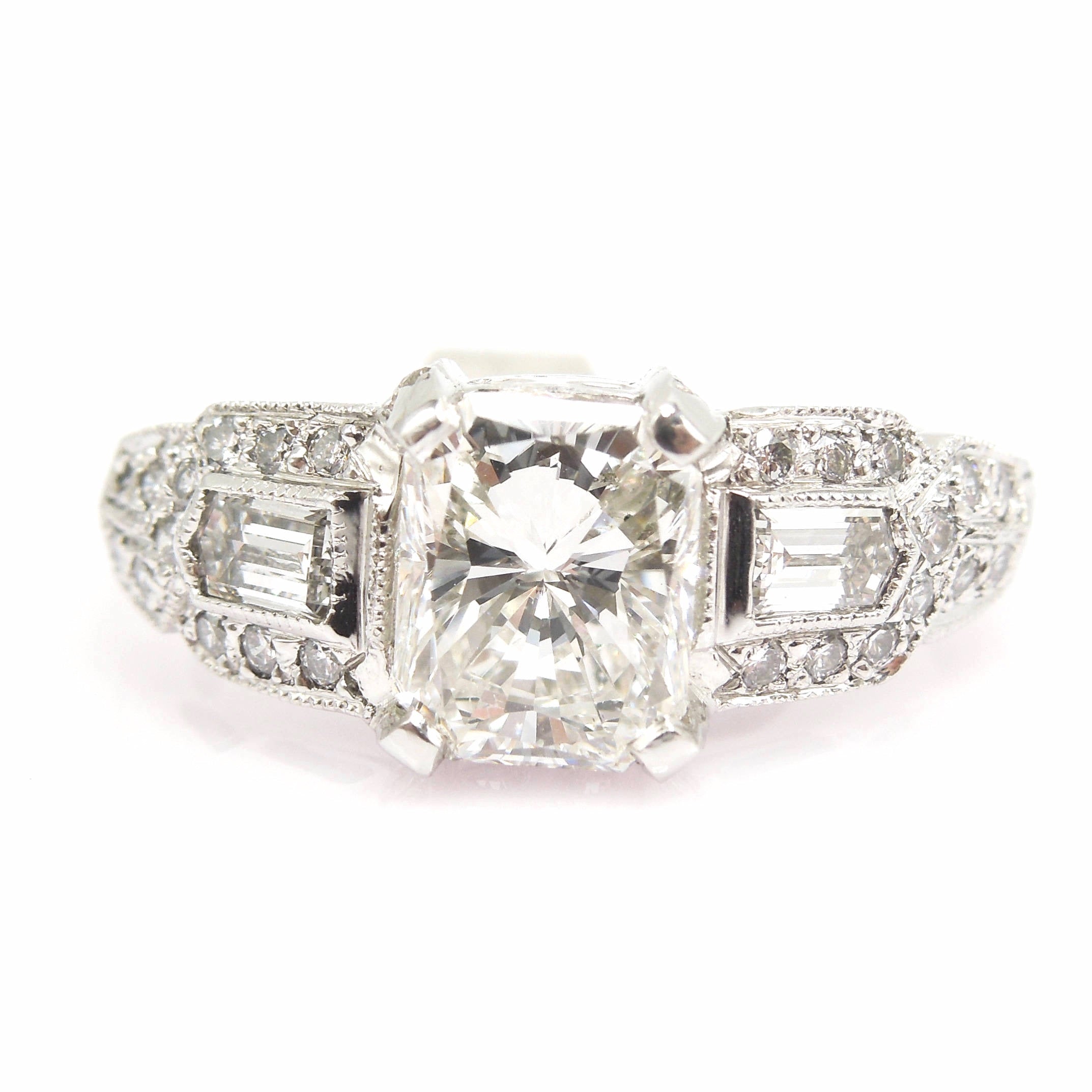 1.55 Carat Radiant Cut Diamond Art Deco Style Ring in Platinum