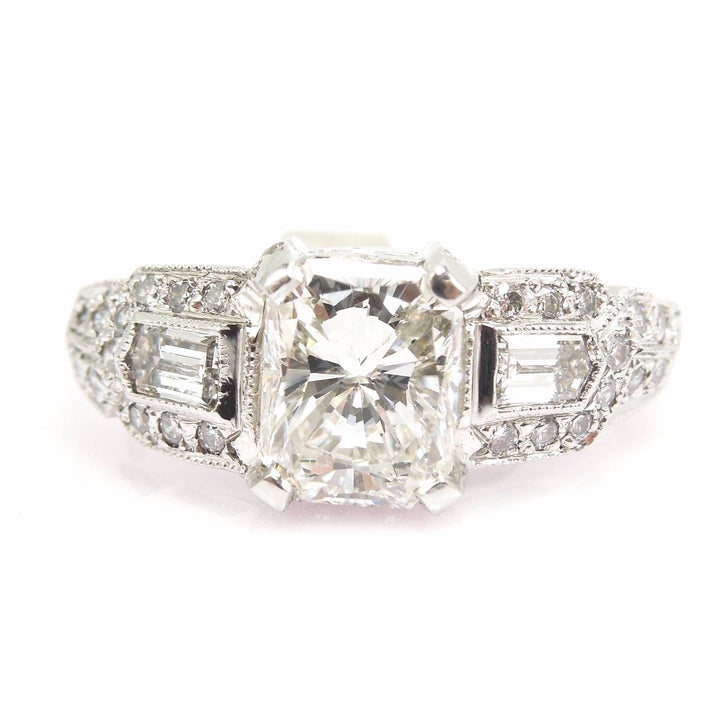1.55 Carat Radiant Cut Diamond Art Deco Style Ring in Platinum