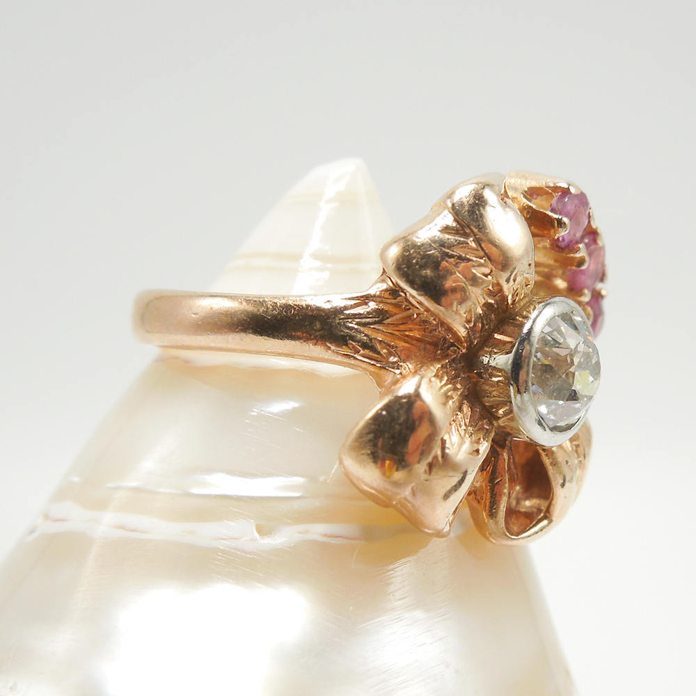 14K Rose Gold Old Mine Cut Diamond and Ruby Flower Ring