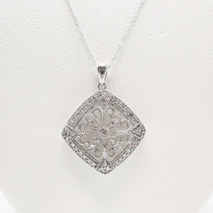 White Gold and Diamond Art Deco Style Filigree Necklace