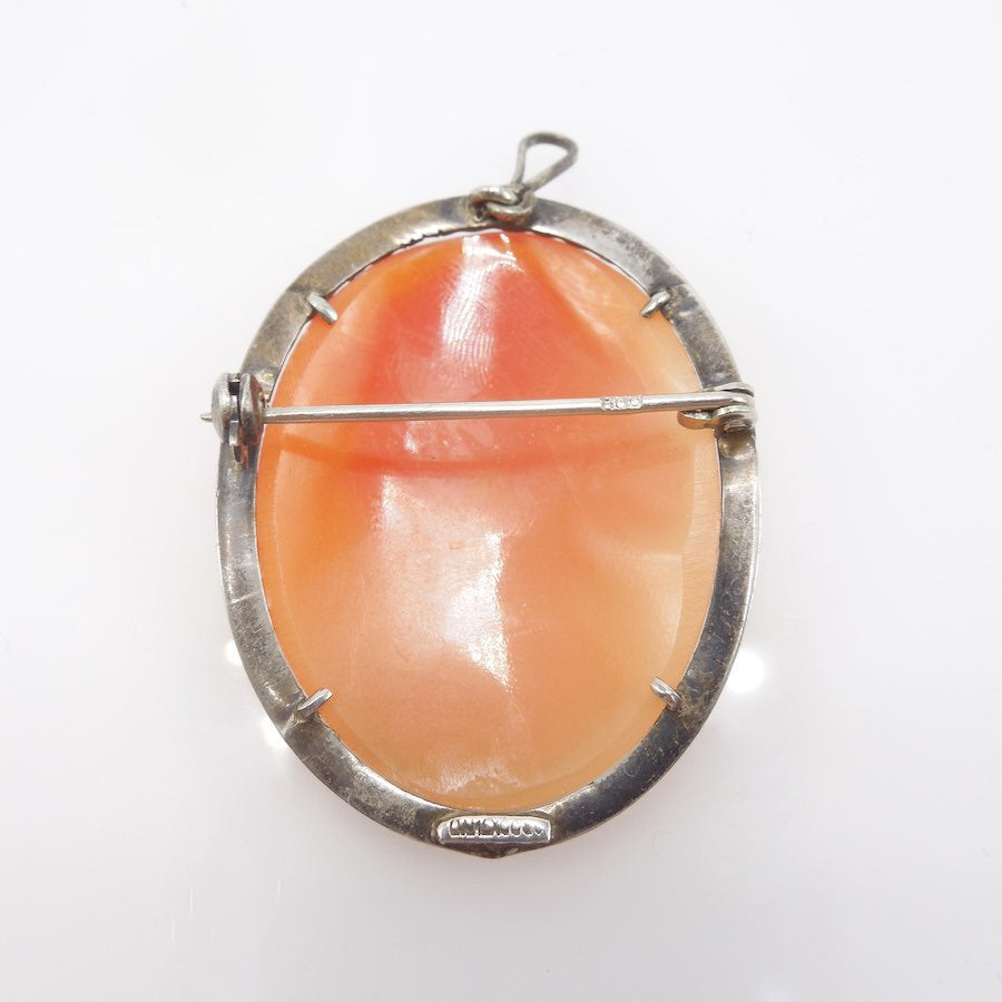 Antique Shell Cameo Pin Brooch in Scalloped Sterling Silver Frame