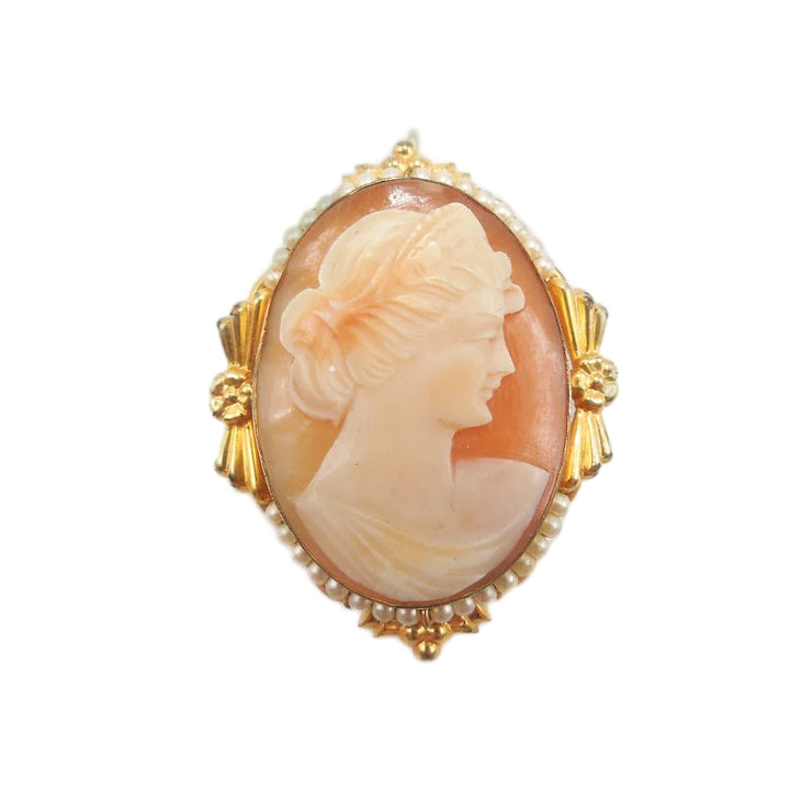 Antique Shell Cameo Pin Brooch in Art Deco Vermeil Frame with Seed Pearls