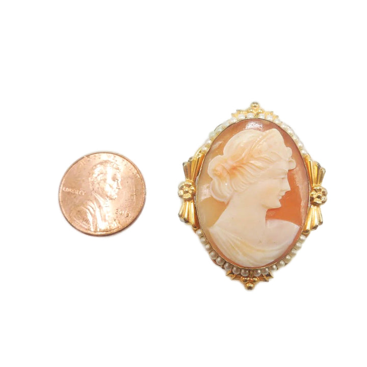Antique Shell Cameo Pin Brooch in Art Deco Vermeil Frame with Seed Pearls