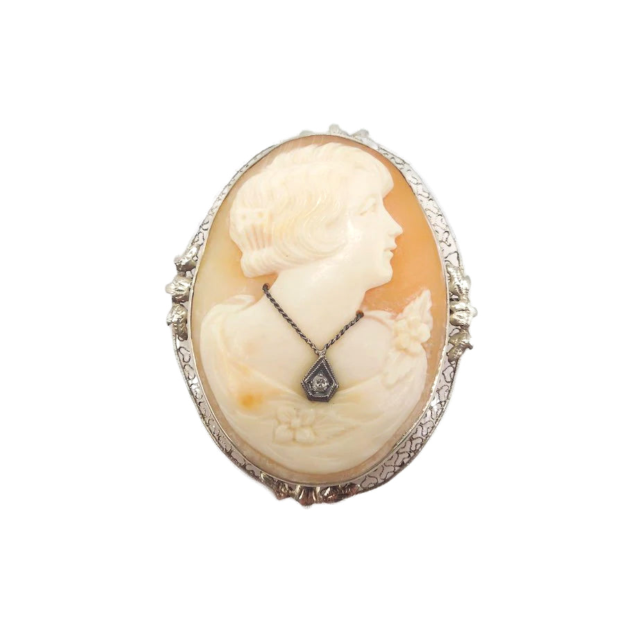 Antique Shell Cameo Pin Brooch in 14K White Gold Filigree Frame