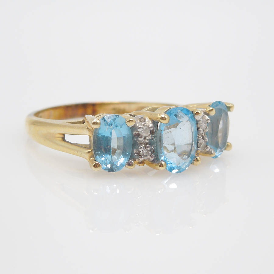 14K Yellow Gold Blue Topaz Three Stone Ring with Diamonds