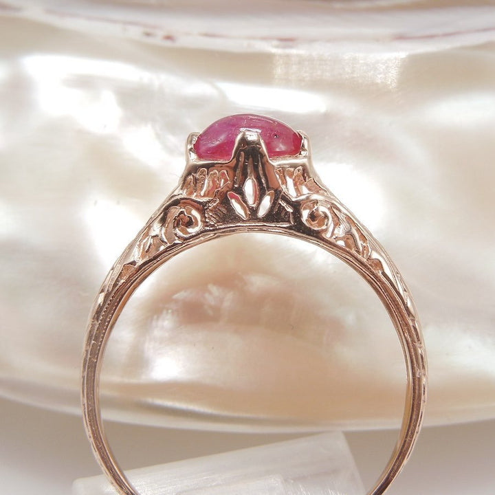 Petite Engraved Ring in 14K Rose Gold with 0.70ct Cabochon Ruby