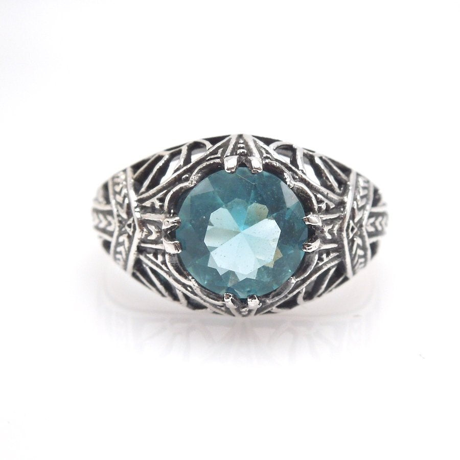 Large Aquamarine in Sterling Silver Filigree Ring