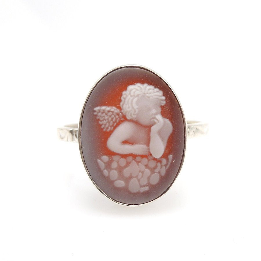 Italian Style Bezel Set Red Cameo in Sterling Silver Ring