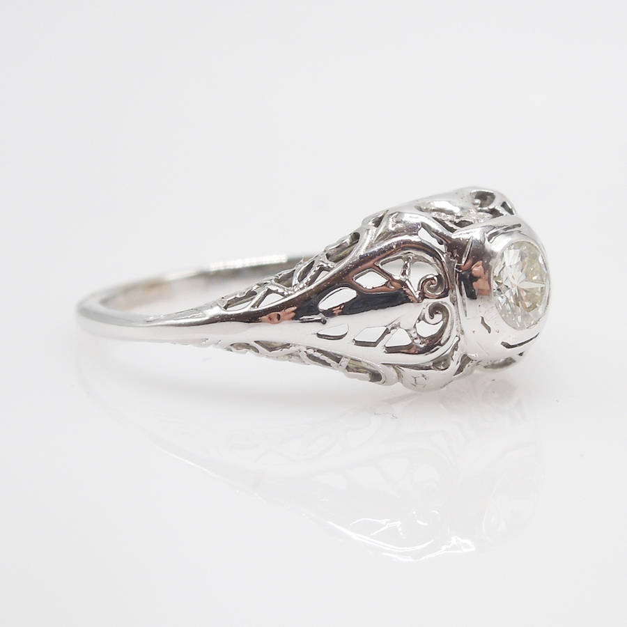 14K White Gold Art Deco Filigree Diamond Engagement Ring