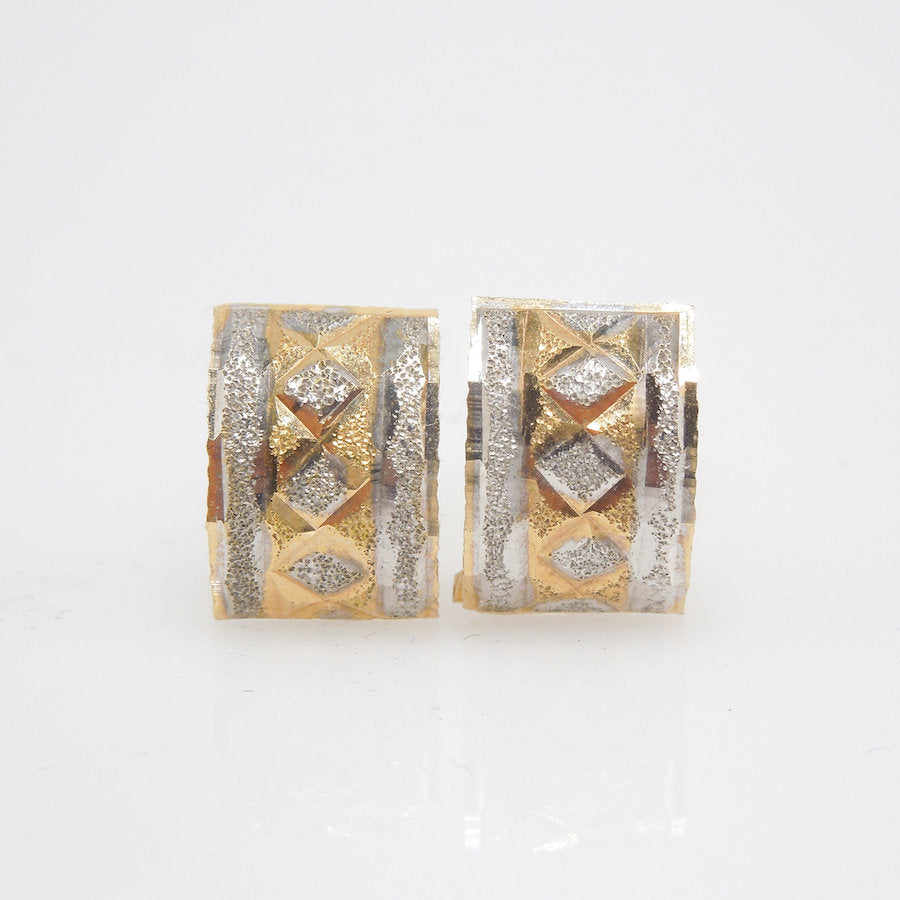 Handmade Vintage 18K Bicolor White and Yellow Gold Stud Earrings