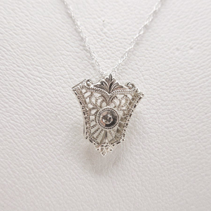 14K White Gold and Diamond Antique Filigree 18" Necklace