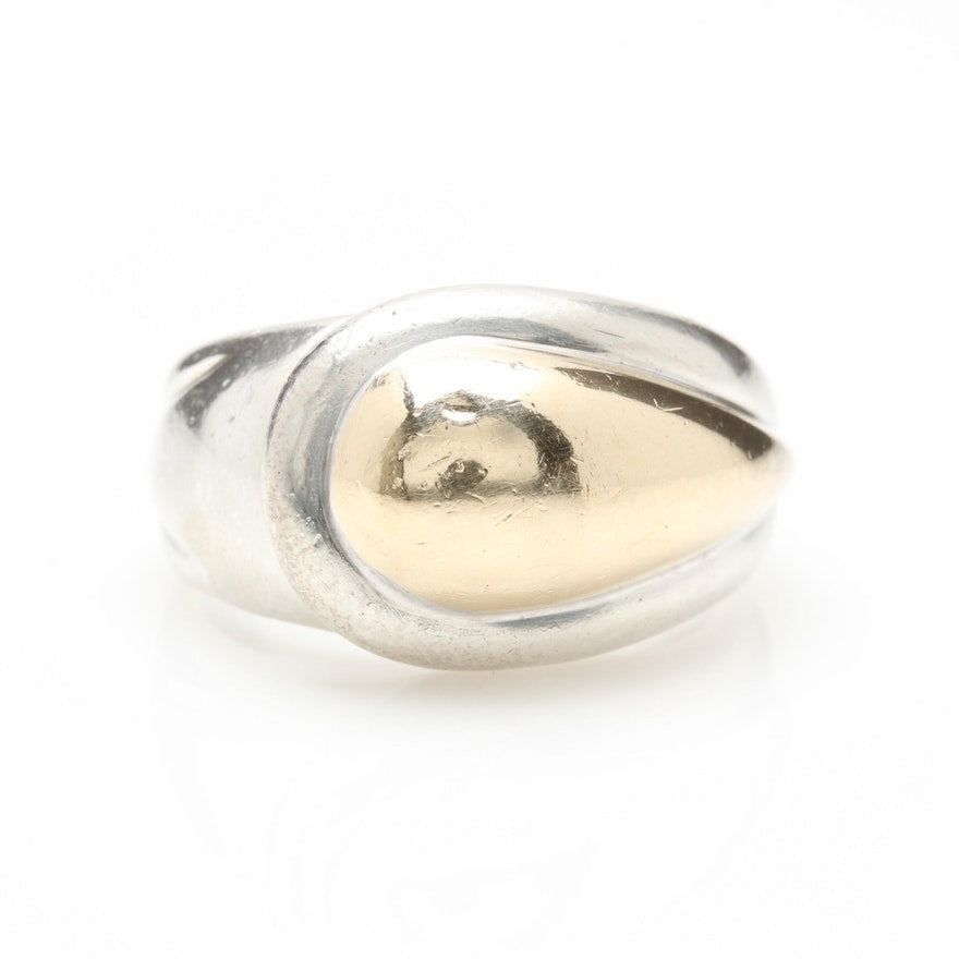 Large Modernist Style Sterling Silver and 14K Ring