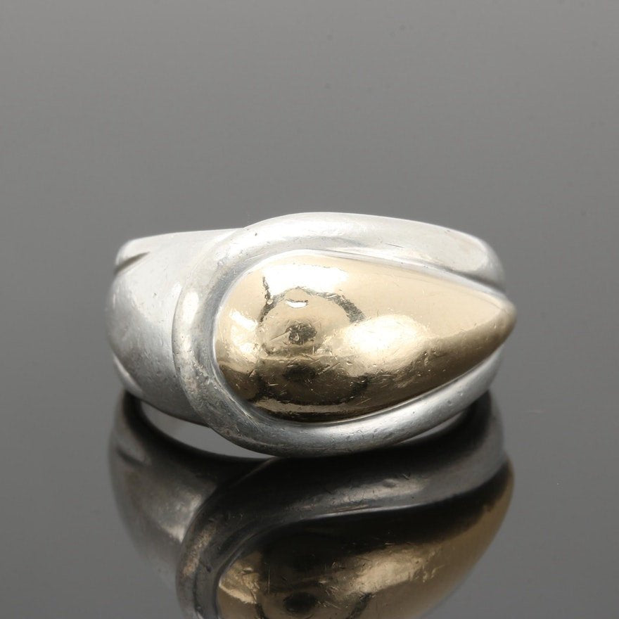 Large Modernist Style Sterling Silver and 14K Ring