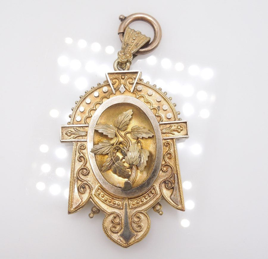 Mixed Gold and Metal Westlake/Etruscan Revival (late 1800s) Antique Gold Locket Pendant