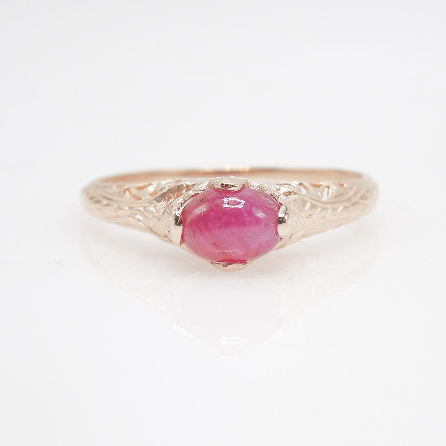 Petite Engraved Ring in 14K Rose Gold with 0.70ct Cabochon Ruby