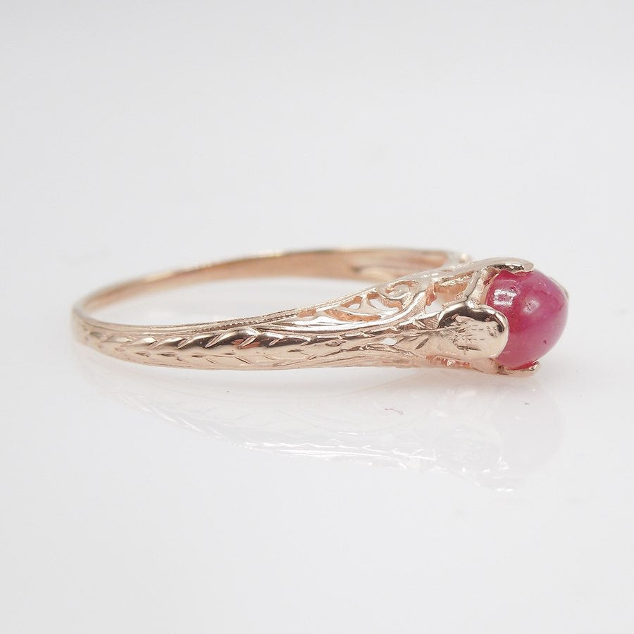 Petite Engraved Ring in 14K Rose Gold with 0.70ct Cabochon Ruby