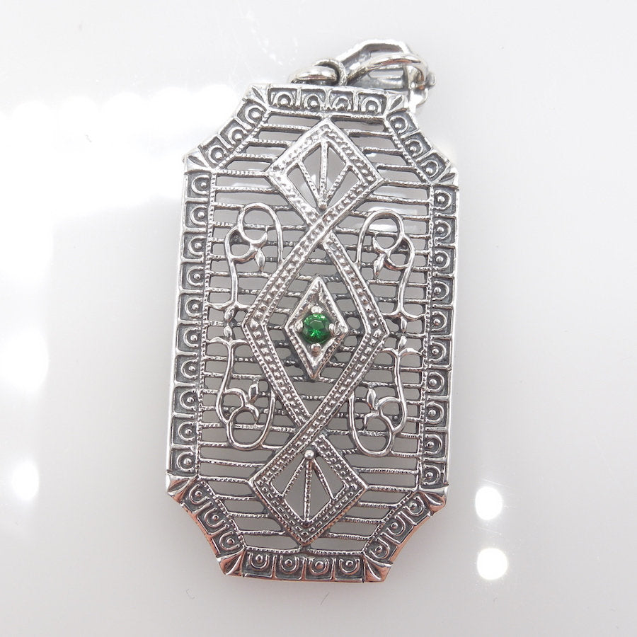 Sterling Silver Edwardian Style Filigree Ruby or Emerald Pendant