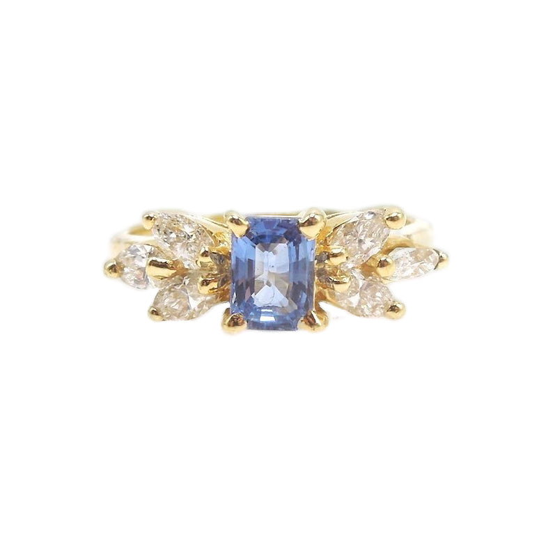 Emerald Cut Blue Sapphire with Marquise Cut Diamonds in Yellow Gold