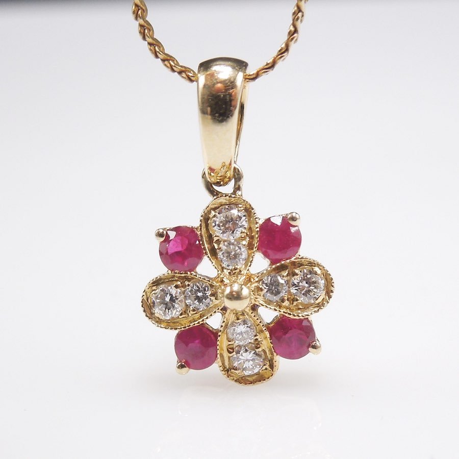 Yellow Gold Diamond and Ruby Flower Pendant