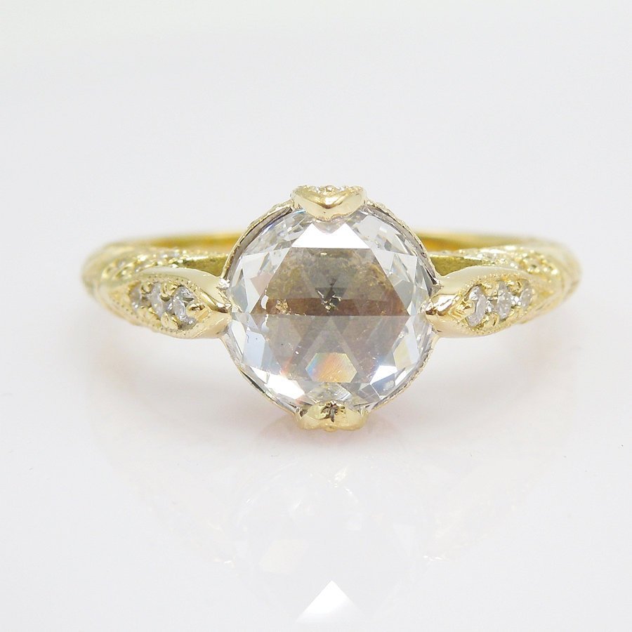 18K Yellow Gold Diamond Ring - The Compass Ring - with 7mm Rose Cut Diamond