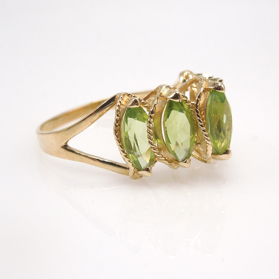 Five Stone Ring with Marquise Cut Peridots in 14K Yellow Gold