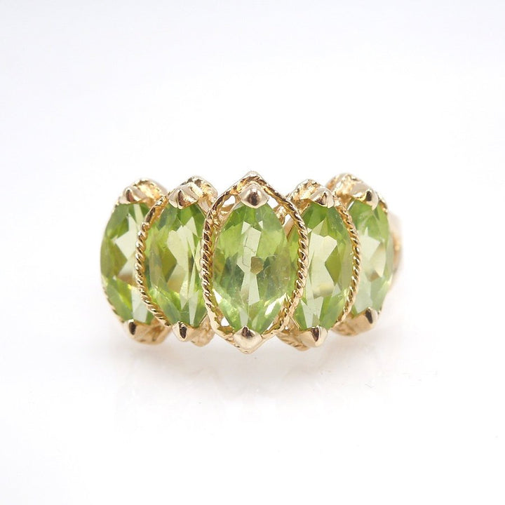 Five Stone Ring with Marquise Cut Peridots in 14K Yellow Gold