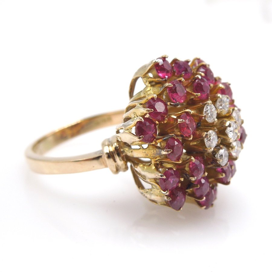 Beautiful Ruby and Diamond Flower Ring in  Yellow Gold