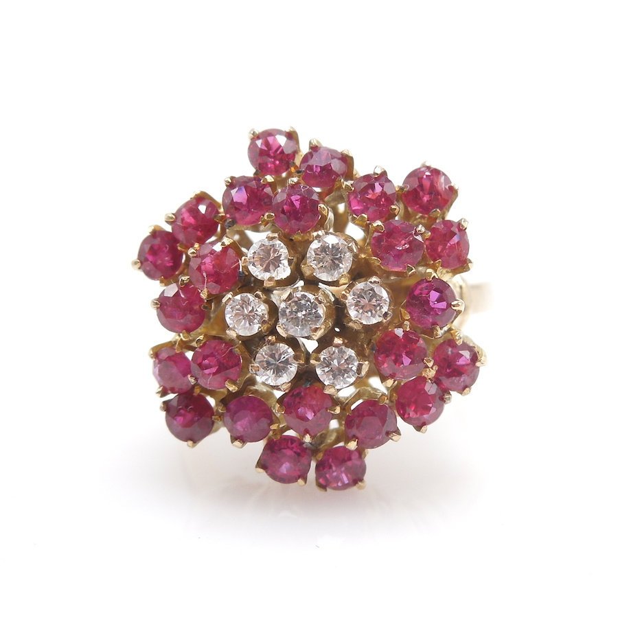 Beautiful Ruby and Diamond Flower Ring in  Yellow Gold