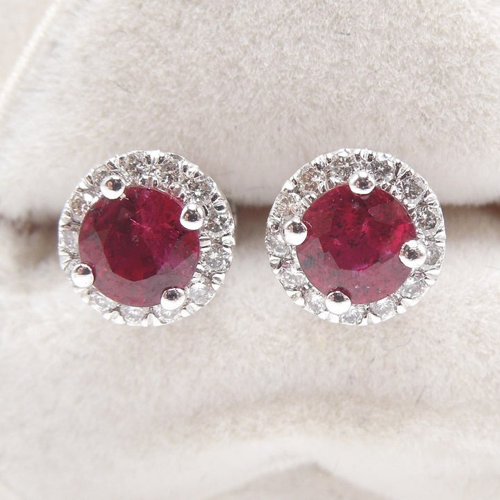Red Ruby and Diamond Halo Stud Earrings