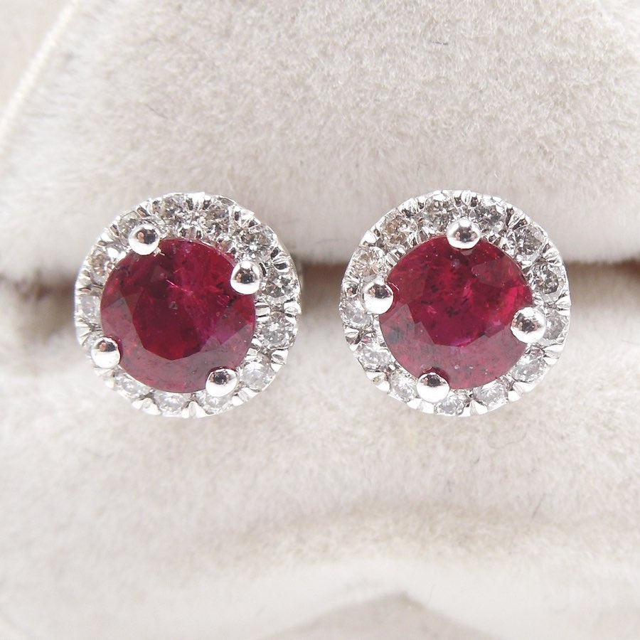 Red Ruby and Diamond Halo Stud Earrings