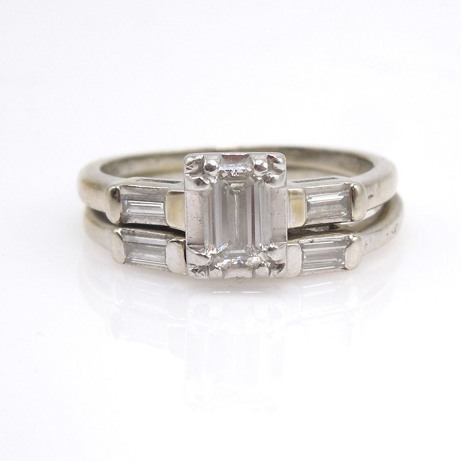 White Gold and Emerald Cut Diamond Engagement/Wedding Set with Baguettes