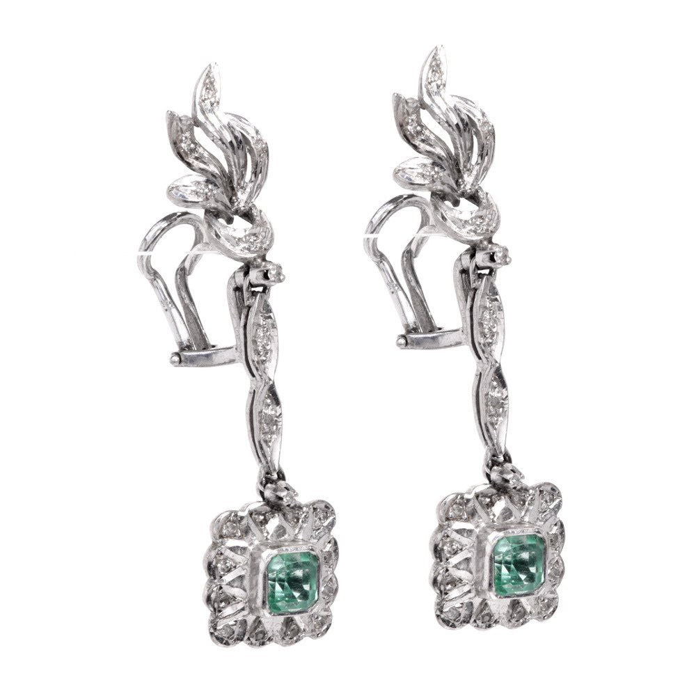 Vintage Emerald and Diamond Drop Earrings in Palladium