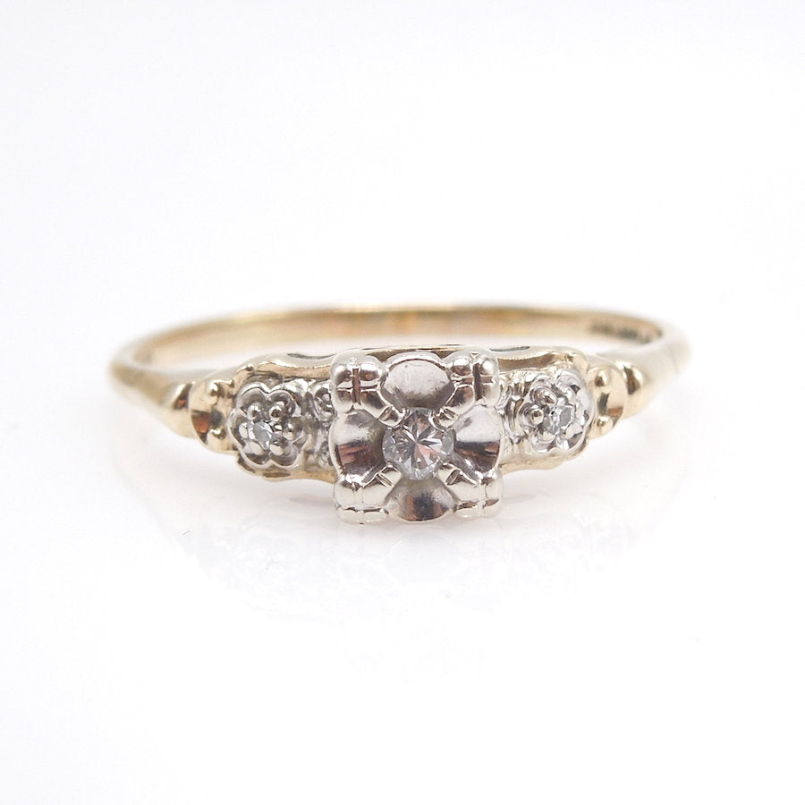 1930s Bicolor Yellow and White Gold Diamond Ring - Illusion Mount