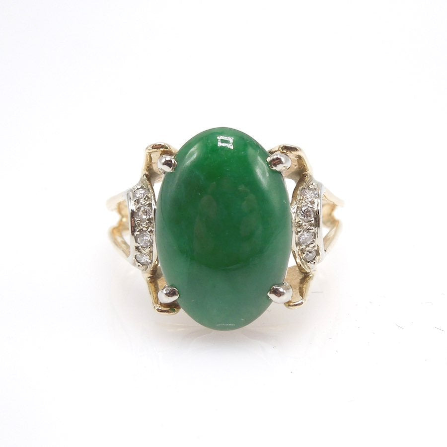 Midcentury Jade and Diamond Ring in Yellow Gold
